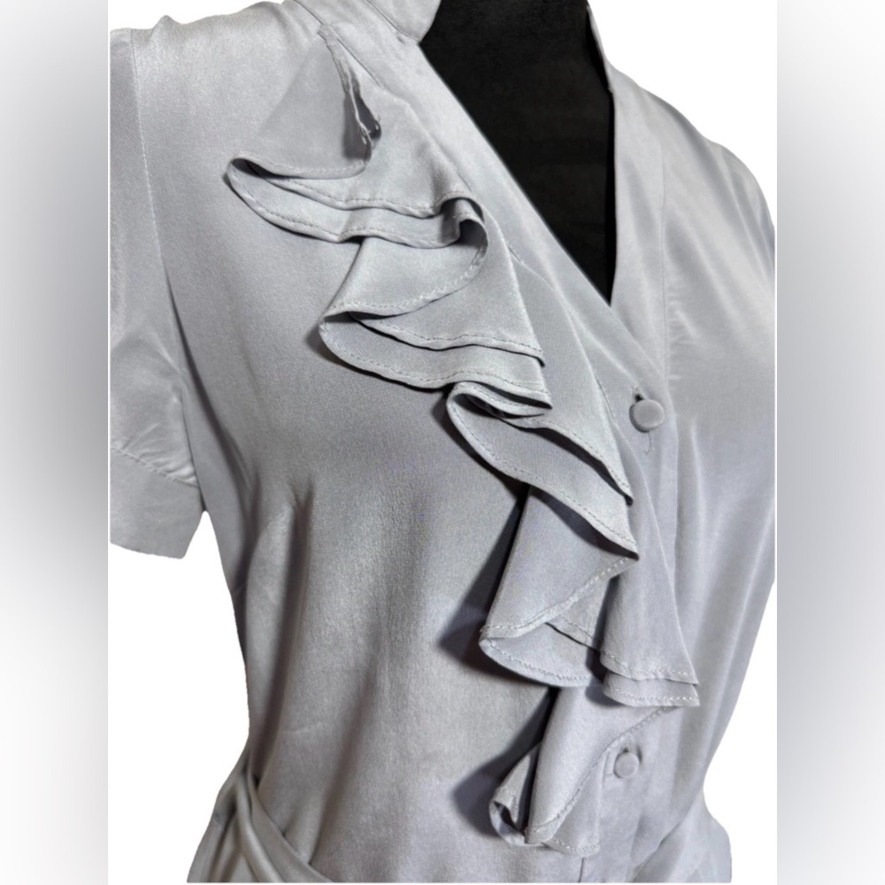 Anthropologie Tabitha Silk Mini Dress Romantic Boho Coquette Ruffle Gray 6 Chic - Picture 7 of 14